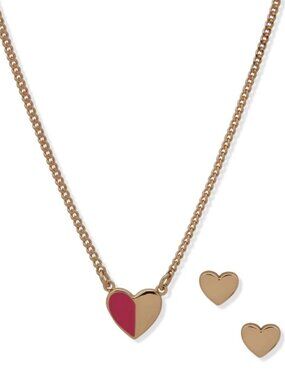 Dkny pink enamel heart gold tone necklace and earrings set